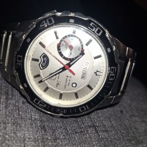 Bulova Silver Watch with Black and Red Accents